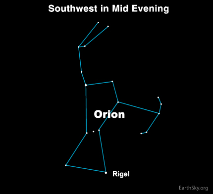 10feb04 430 Earthsky Tonight, February 4, 2010: Blue white Rigel is at the foot of Orion 