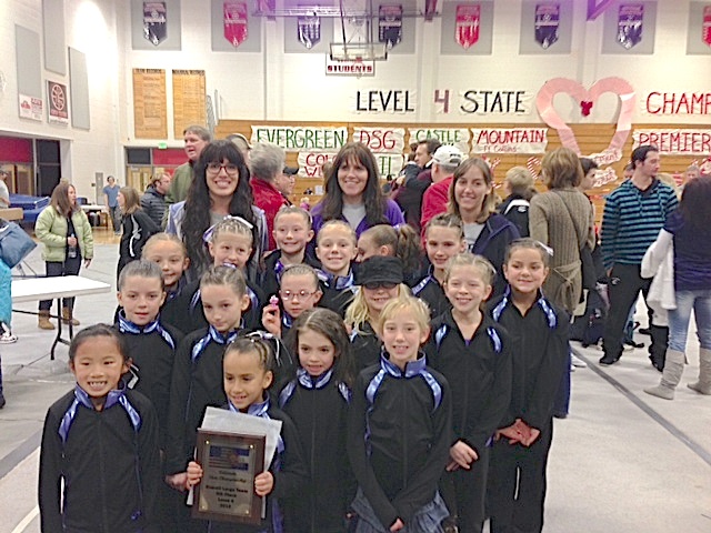 Premier Gymnastics Level 4 Large Team Colorado State Championship 5th Place Team: Right to Left: First Row; Elizabeth Thompson, Naima Contreras, Myah French, Taryn Thompson. Second Row; Tayler Graham, Ava Brunner, Brooklyn Roath, Payton Rechkemmer, Carly Southard, Ashlyn Erickson. Third Row; Taylor Evans, Hailey Sundby, Madi Justice, Tatum Clark, Grace Wadlington, Abby Budd Fourth Row; Coach Crystal, Coach Brenda, Coach Wendy