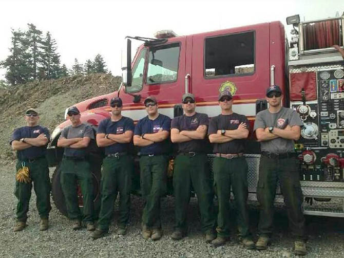 From left to right are BFPD’s Engine Boss Jerry Fletcher, Colorado State Engine Boss Michael DiCristina, BFPD Fire Fighter’s Jim Thompson, Ryan Nelson, Engine Operator Shane Prim, Engine Operator Jesse Treat and State Fire Fighter Michael Manzo.   
